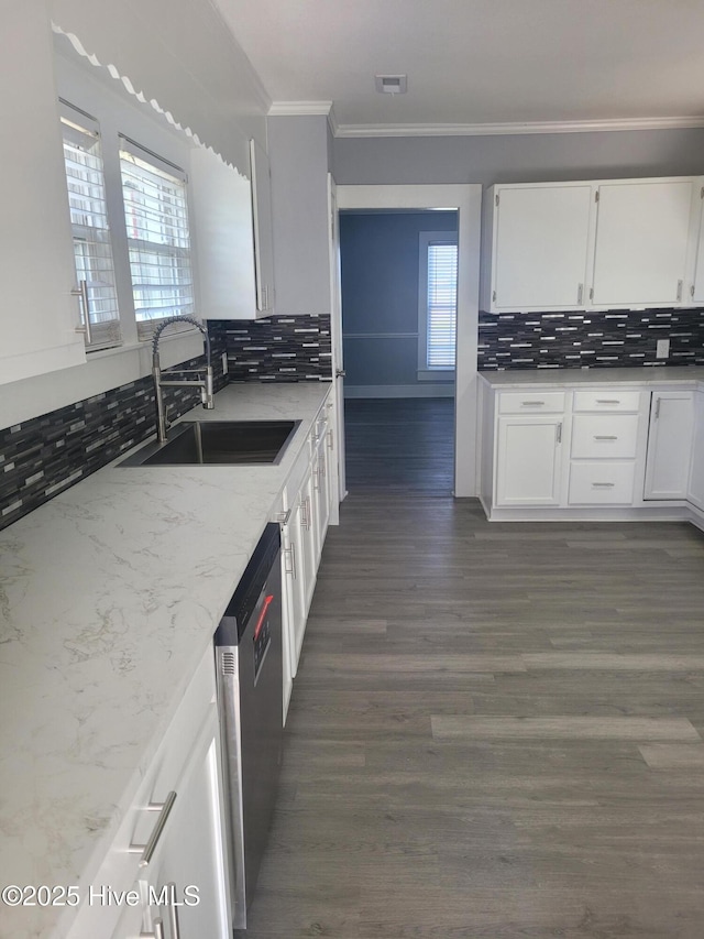 4384 Race Track Rd, Grifton, NC 28530 - kitchen with a sink, dishwasher, backsplash, white cabinets, and crown molding