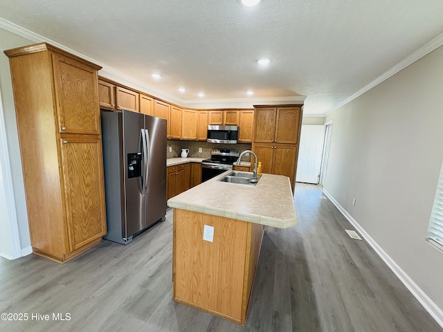 106 Haywood Country Dr, Mount Gilead, NC 27306 - kitchen with stainless steel appliances, a sink, light wood-style floors, light countertops, and ornamental molding