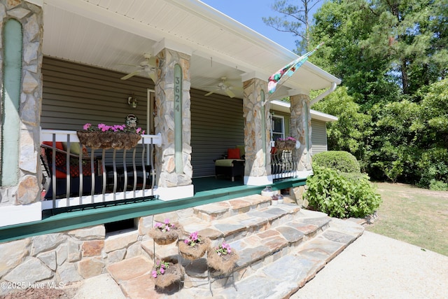 view of patio / terrace featuring a porch and ceiling fan