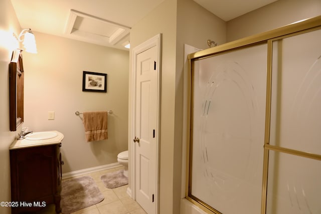 full bathroom with a shower stall, toilet, vanity, and tile patterned flooring