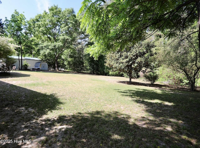 view of grassy yard featuring a storage shed and an outbuilding