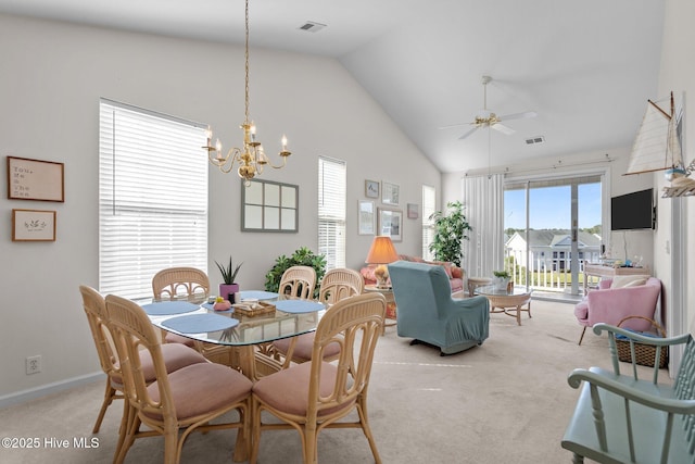 881 Great Egret Cir SW Unit 59E, Sunset Beach, NC 28468 - dining area featuring light carpet, a chandelier, ceiling fan, high vaulted ceiling, and baseboards