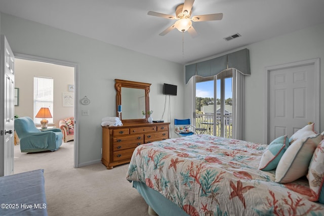 881 Great Egret Cir SW Unit 59E, Sunset Beach, NC 28468 - bedroom with multiple windows, light colored carpet, access to exterior, and ceiling fan