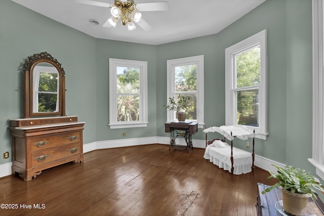 211 Ann St, Wilmington, NC 28401 - living area featuring a ceiling fan, hardwood / wood-style flooring, plenty of natural light, and baseboards