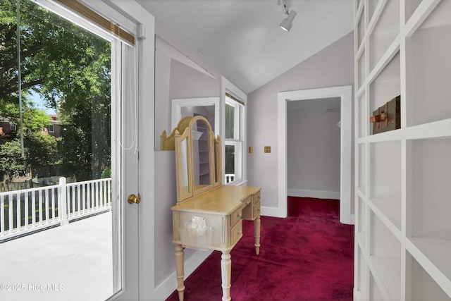 211 Ann St, Wilmington, NC 28401 - corridor with carpet flooring, lofted ceiling, and baseboards