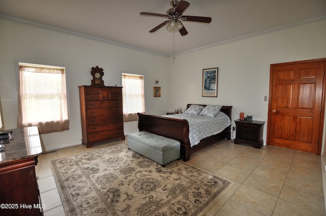 2046 Ash Little River Rd NW, Ash, NC 28420 - bedroom with light tile patterned floors, ornamental molding, and ceiling fan