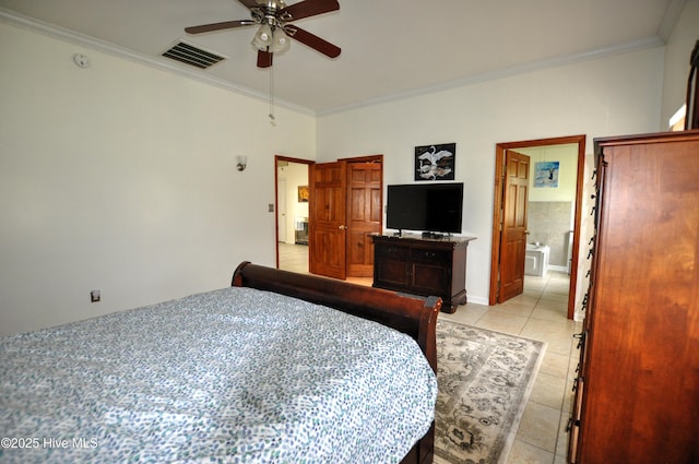 2046 Ash Little River Rd NW, Ash, NC 28420 - bedroom featuring light tile patterned flooring, crown molding, and ceiling fan