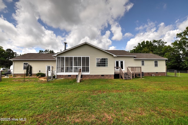 2046 Ash Little River Rd NW, Ash, NC 28420 - rear view of property featuring crawl space, a sunroom, french doors, roof with shingles, and a wooden deck