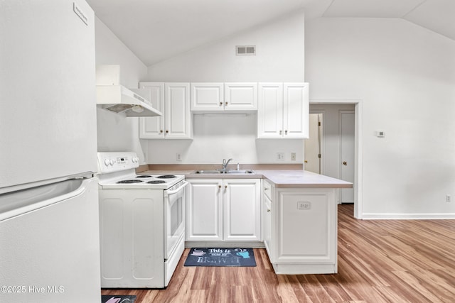 1119 Park St 1117, Elizabeth City, NC 27909 - kitchen with white appliances, range hood, a sink, light wood finished floors, and white cabinetry