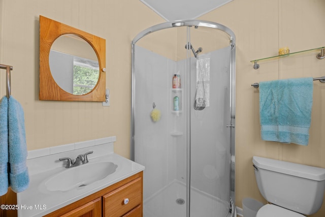 full bath featuring a shower stall, vanity, and toilet