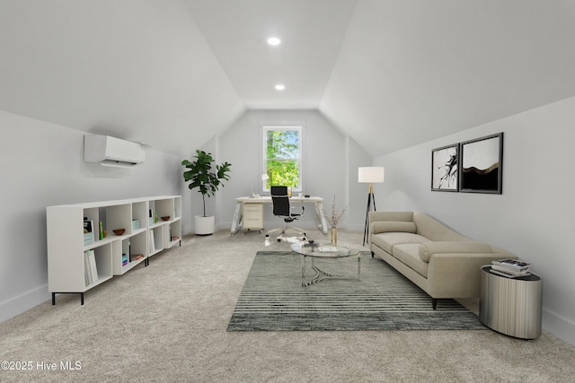 140 E Ag Dr, New Bern, NC 28562 - carpeted living room with an AC wall unit, vaulted ceiling, a desk, baseboards, and recessed lighting