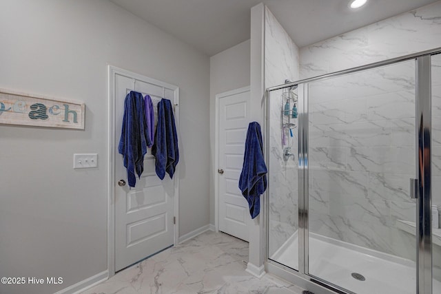 6909 English Holly Ct SW, Ocean Isle Beach, NC 28469 - full bathroom with marble finish floors, a marble finish shower, baseboards, and recessed lighting