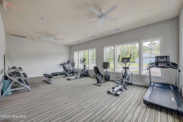 6909 English Holly Ct SW, Ocean Isle Beach, NC 28469 - gym with baseboards, ceiling fan, and carpet