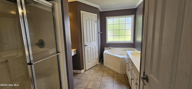 1970 Old Raleigh Rd, Clinton, NC 28328 - bathroom with a stall shower, a textured ceiling, ornamental molding, tile patterned floors, and vanity