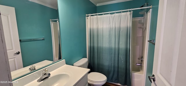 1970 Old Raleigh Rd, Clinton, NC 28328 - bathroom featuring ornamental molding, toilet, vanity, shower / bath combo, and a textured ceiling