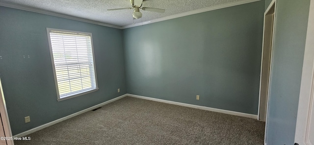1970 Old Raleigh Rd, Clinton, NC 28328 - empty room featuring a textured ceiling, ceiling fan, ornamental molding, carpet floors, and baseboards
