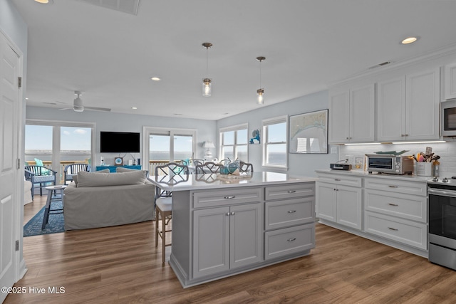 kitchen featuring stainless steel appliances, light countertops, wood finished floors, and recessed lighting