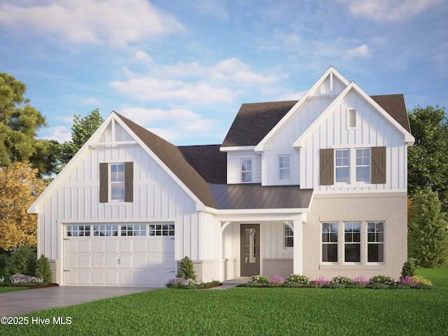 modern inspired farmhouse with board and batten siding, brick siding, a front lawn, and concrete driveway