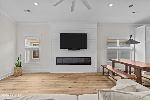 921 Whitecaps Ln, Carolina Beach, NC 28428 - living area with ornamental molding, light wood-type flooring, a fireplace, ceiling fan, and baseboards