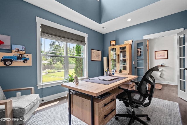 3528 Cordgrass Ln, Wilmington, NC 28409 - home office featuring dark wood-type flooring, baseboards, and recessed lighting