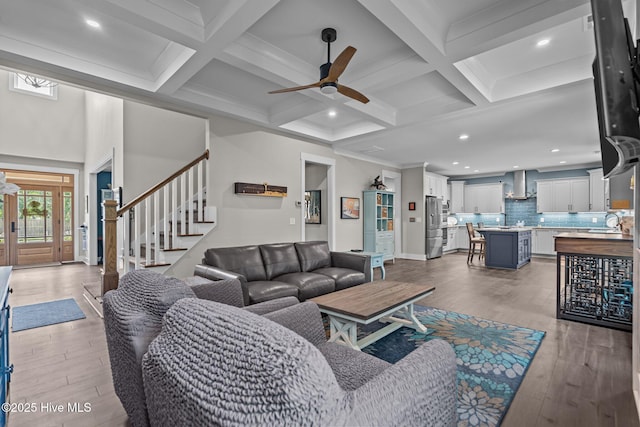 3528 Cordgrass Ln, Wilmington, NC 28409 - living area with a ceiling fan, wood finished floors, stairway, beamed ceiling, and coffered ceiling