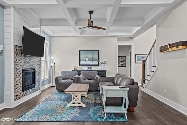 3528 Cordgrass Ln, Wilmington, NC 28409 - living area with a tile fireplace, wood finished floors, stairway, a ceiling fan, and baseboards