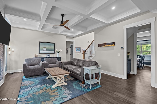3528 Cordgrass Ln, Wilmington, NC 28409 - living area featuring baseboards, a ceiling fan, wood finished floors, stairs, and beam ceiling