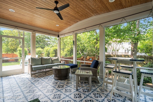 3528 Cordgrass Ln, Wilmington, NC 28409 - sunroom / solarium featuring ceiling fan, vaulted ceiling, and an outdoor living space