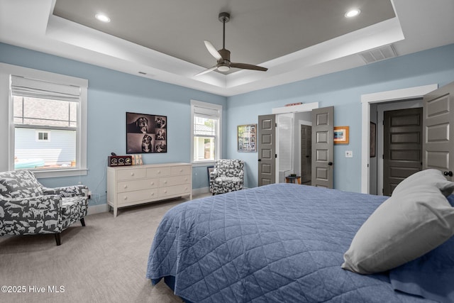 3528 Cordgrass Ln, Wilmington, NC 28409 - carpeted bedroom featuring a raised ceiling, baseboards, recessed lighting, and ceiling fan