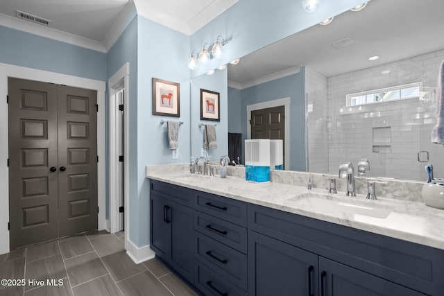 3528 Cordgrass Ln, Wilmington, NC 28409 - full bath with double vanity, a stall shower, and ornamental molding