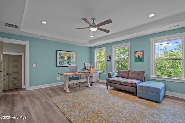 3528 Cordgrass Ln, Wilmington, NC 28409 - home office featuring a tray ceiling, ceiling fan, wood finished floors, baseboards, and recessed lighting