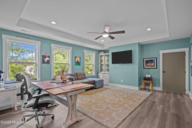 3528 Cordgrass Ln, Wilmington, NC 28409 - office featuring a raised ceiling, wood finished floors, a ceiling fan, and recessed lighting