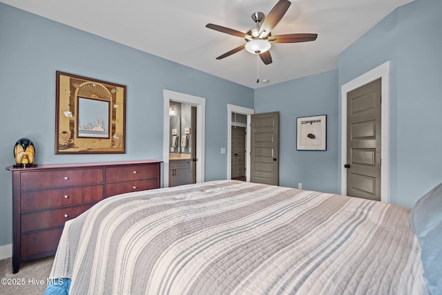3528 Cordgrass Ln, Wilmington, NC 28409 - bedroom with light colored carpet, ensuite bathroom, and ceiling fan