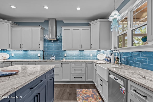 3528 Cordgrass Ln, Wilmington, NC 28409 - kitchen featuring stainless steel dishwasher, island range hood, a sink, white cabinets, and recessed lighting