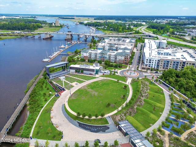 aerial view of a large body of water and a notable bridge