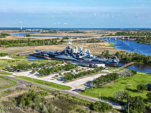 aerial view of a large body of water and a notable bridge