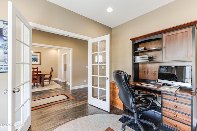 office featuring french doors, dark wood-style flooring, baseboards, and recessed lighting