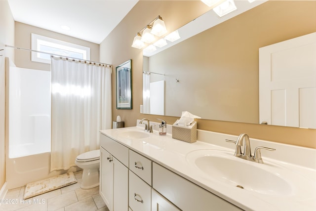 full bath with toilet, tile patterned flooring, shower / bathtub combination with curtain, and double vanity