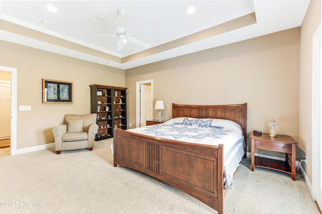 bedroom with light colored carpet, ornamental molding, baseboards, recessed lighting, and a ceiling fan