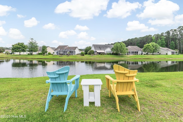 surrounding community with a water view, a yard, and a residential view
