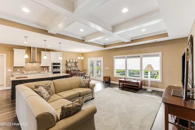 living area featuring recessed lighting, beam ceiling, coffered ceiling, dark wood-style floors, and baseboards