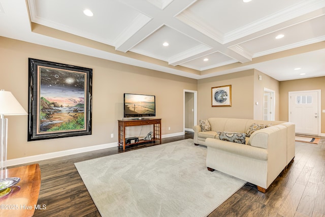 living room featuring dark wood-style floors, beam ceiling, crown molding, baseboards, and coffered ceiling