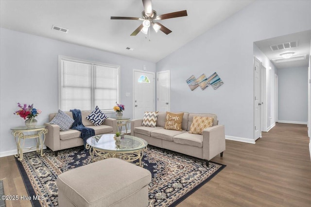 235 Zachary Ln, Hubert, NC 28539 - living area featuring ceiling fan, wood finished floors, baseboards, and lofted ceiling