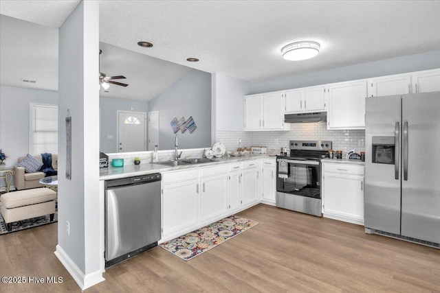 235 Zachary Ln, Hubert, NC 28539 - kitchen featuring appliances with stainless steel finishes, under cabinet range hood, ceiling fan, a sink, and white cabinetry