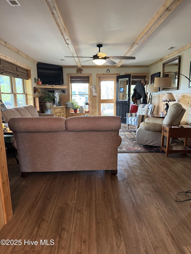 200 Wintergreen Patch Ln, Burnsville, NC 28714 - living room featuring dark wood-style flooring, beamed ceiling, and ceiling fan