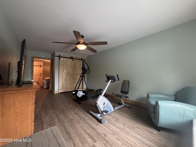 200 Wintergreen Patch Ln, Burnsville, NC 28714 - exercise area featuring wood finished floors, a ceiling fan, baseboards, and a barn door