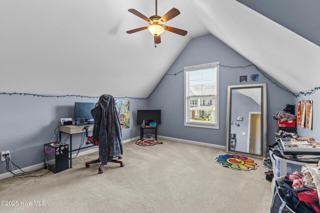 203 Holmes Point Ct, Jacksonville, NC 28546 - rec room featuring lofted ceiling, carpet floors, ceiling fan, and baseboards