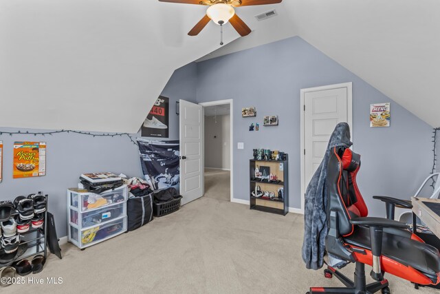 203 Holmes Point Ct, Jacksonville, NC 28546 - carpeted home office featuring vaulted ceiling, ceiling fan, and baseboards