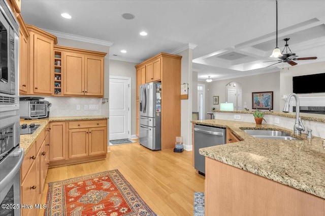 kitchen featuring a sink, stainless steel appliances, crown molding, a ceiling fan, and light wood-style flooring