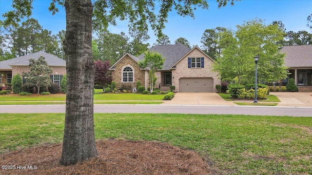 traditional-style house with driveway, a front lawn, a garage, and brick siding